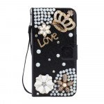 Wholesale Galaxy S6 Crystal Flip Leather Wallet Case with Strap (Crown Black)